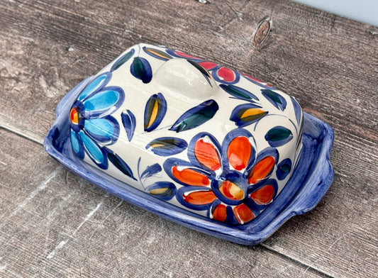 Blue Floral Patterned Butter Dish