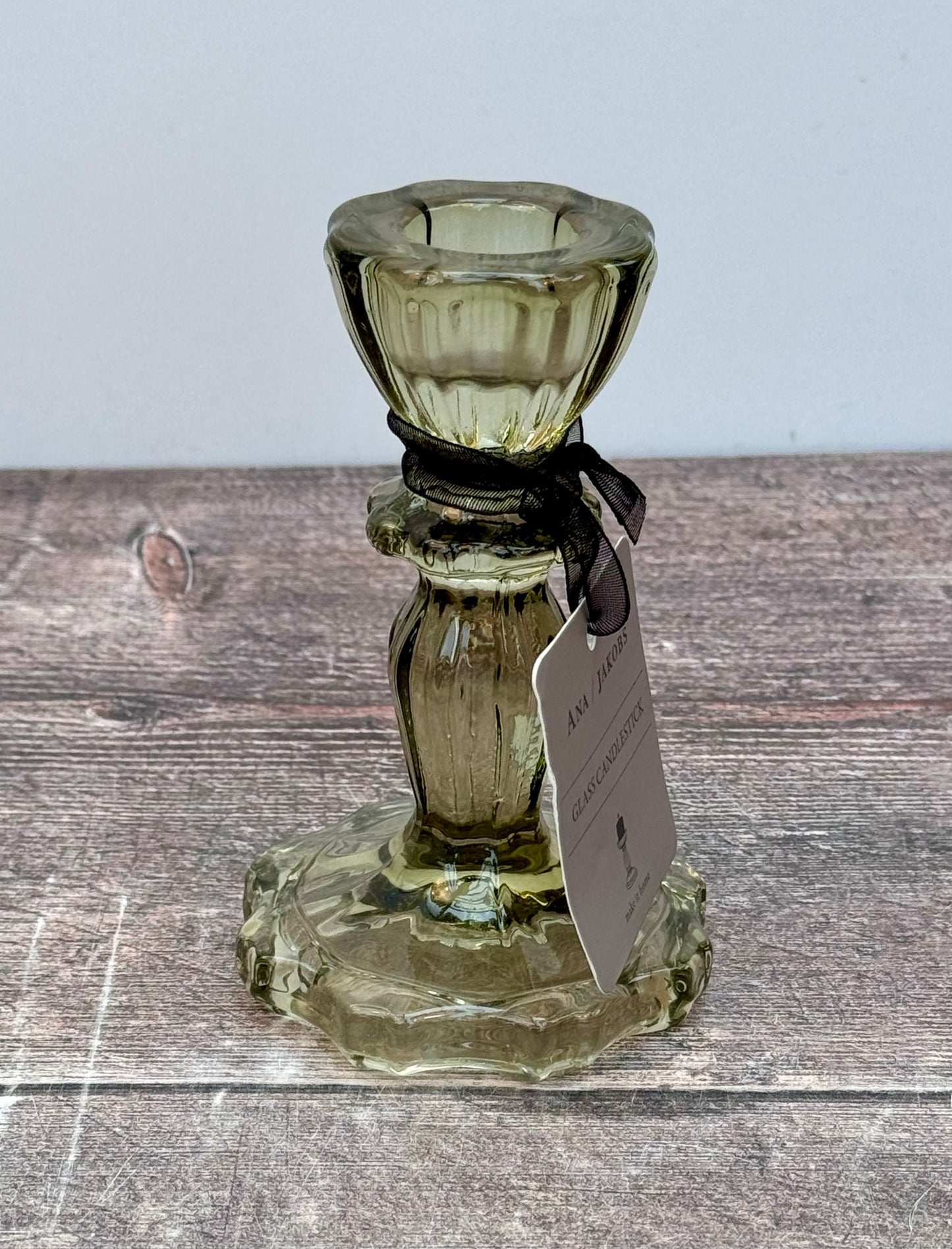 Olive Green Glass Candlestick, 11cm