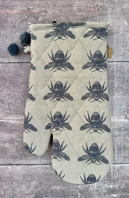 Grey Bee Patterned Oven Gloves