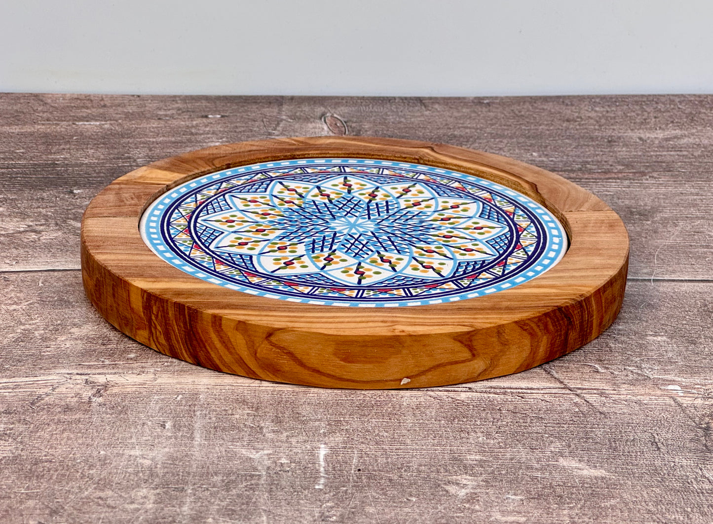 Blue Geometric Patterned Olive Wood Serving/Cheese Board