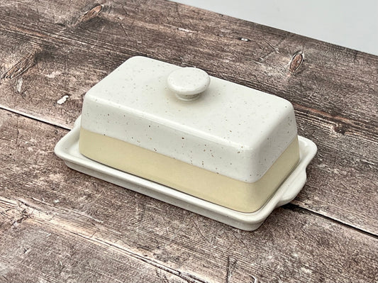 White Butter Dish with Cream Stripe