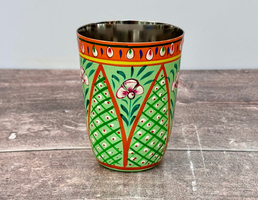 Hand Painted Stainless Steel Drinking Tumbler - Green and Orange (Design 5)