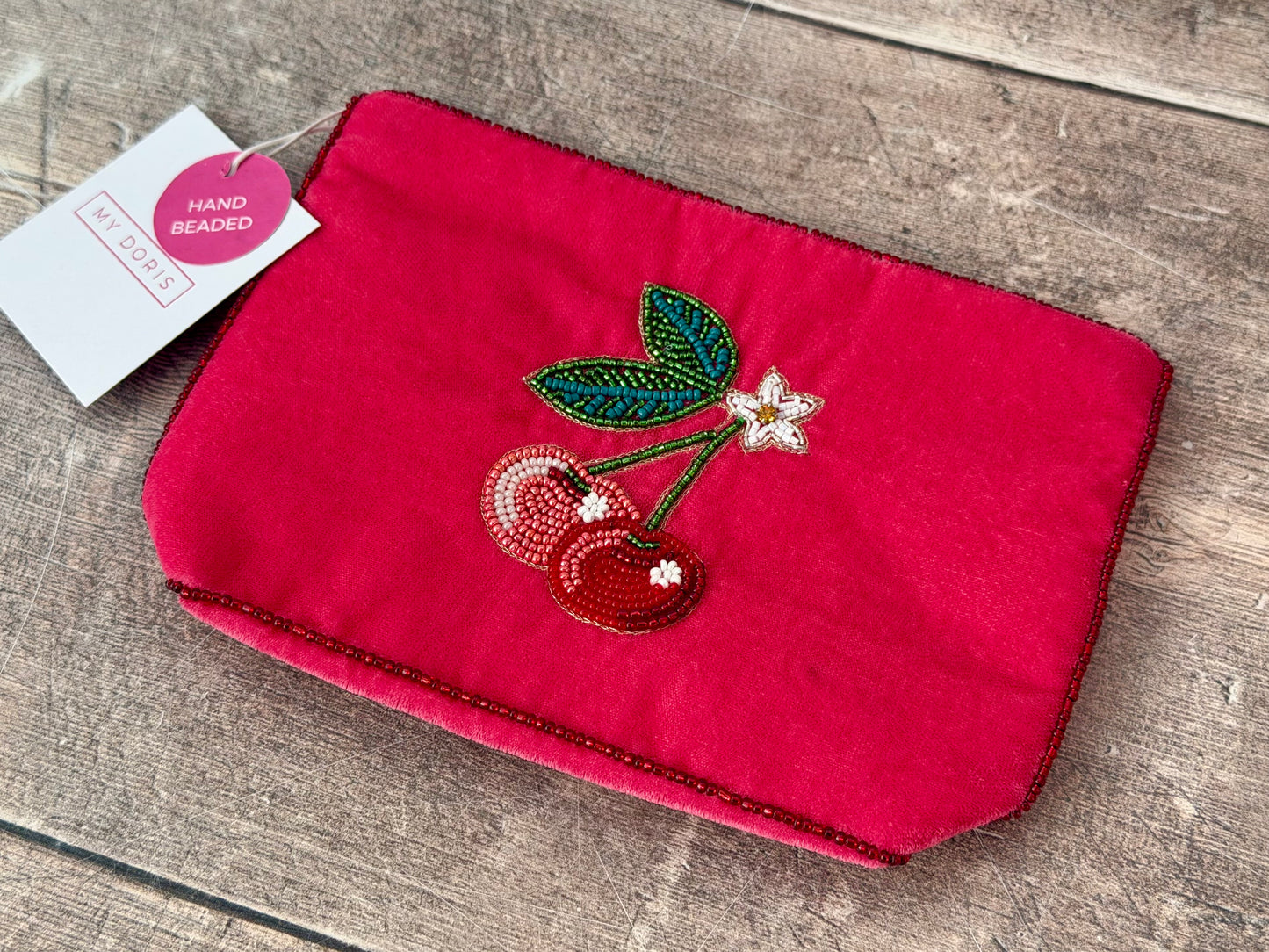 Pink Velvet Beaded Cherry Design Pouch