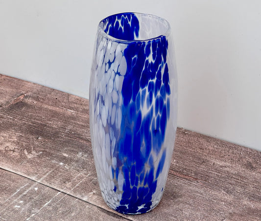 Blue and White Speckled Glass Murano Style Vase, 24.5cm