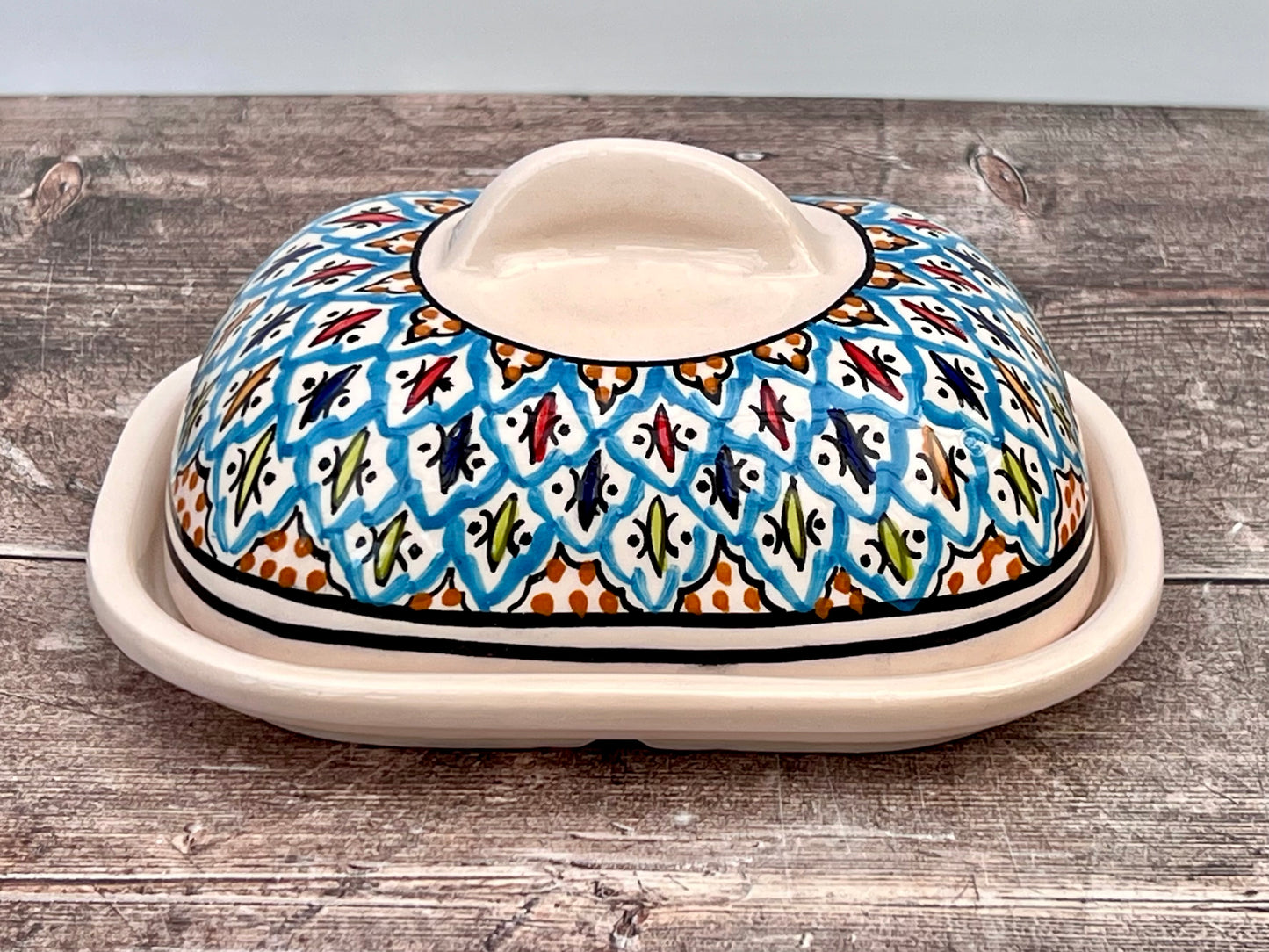 Multi-Coloured Patterned Butter Dish, Design 3