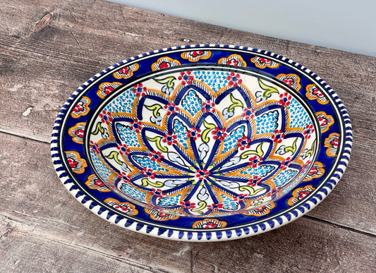 Dark Blue Patterned Bowl with Flat Rim, 24cm