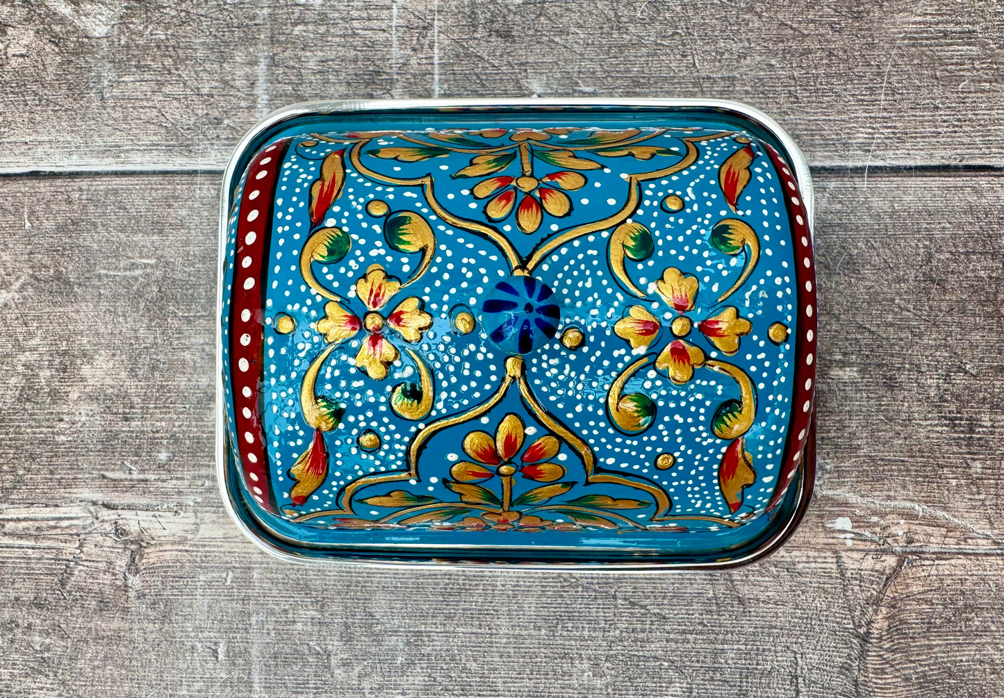 Handpainted Blue Patterned Butter Dish