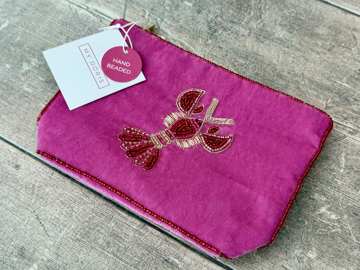 Pink Velvet Beaded Lobster Design Pouch