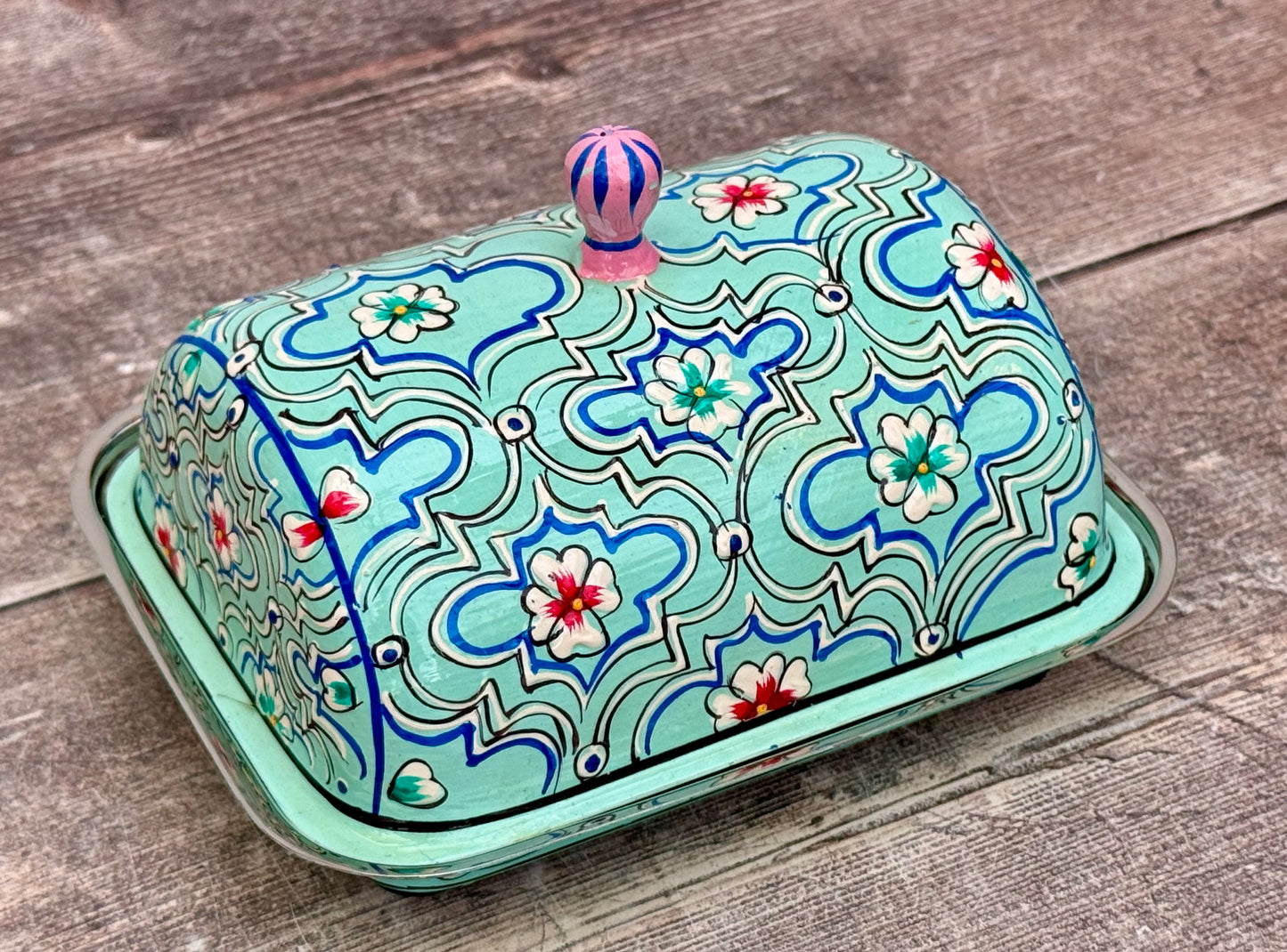 Handpainted Turquoise Butter Dish