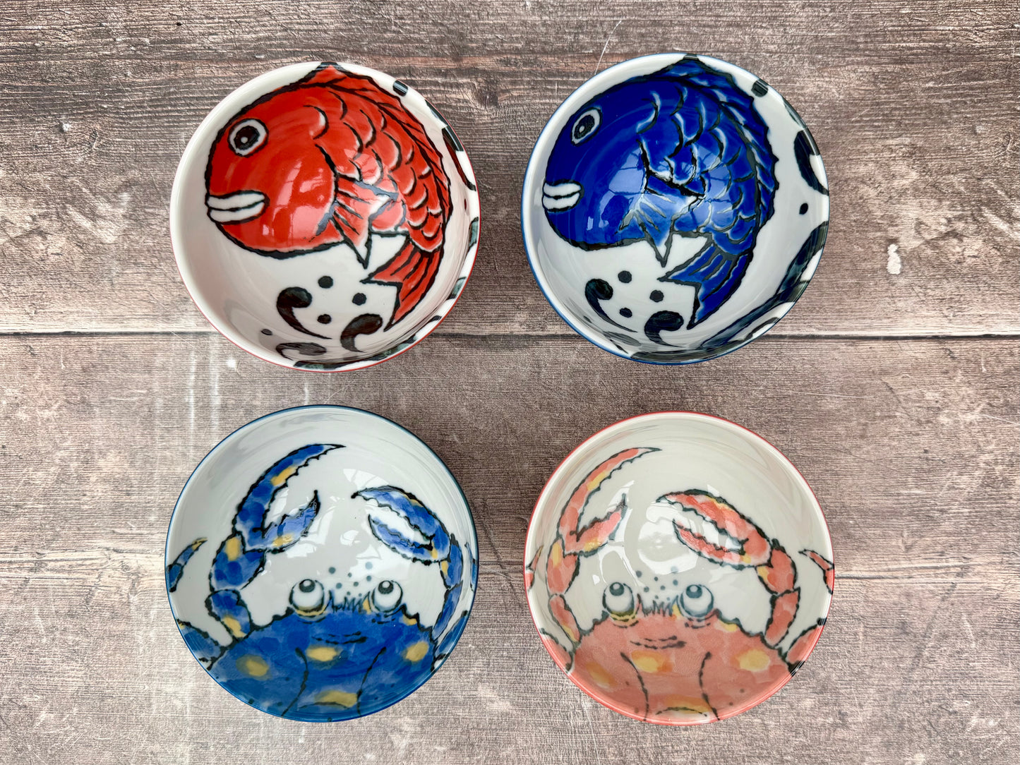 Tokyo Design Studio Set of 4 Snapper Fish and Crab Patterned Small Bowls, 11cm