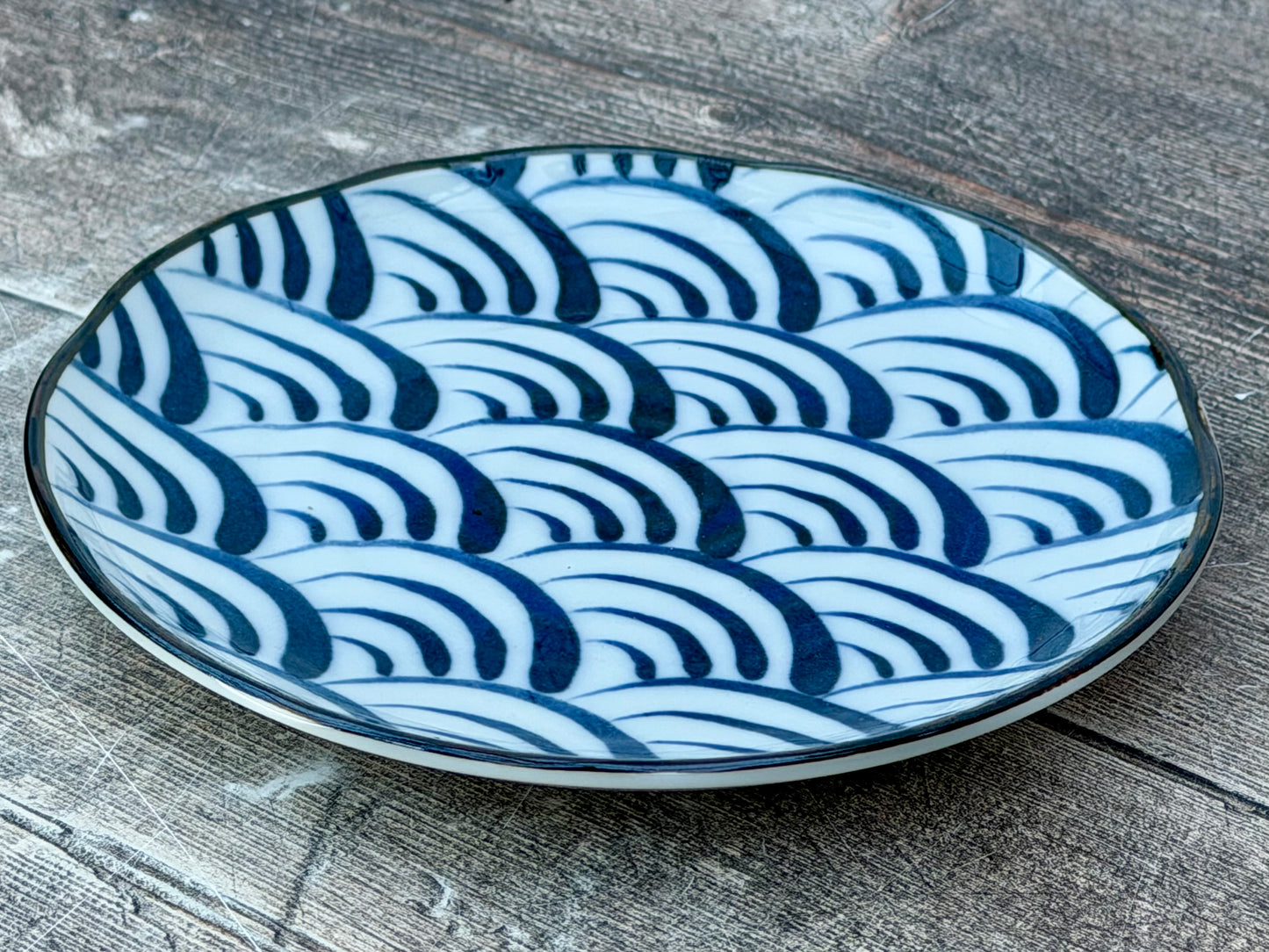 Blue and White Half Moon Patterned Japanese Plate, 16.5cm