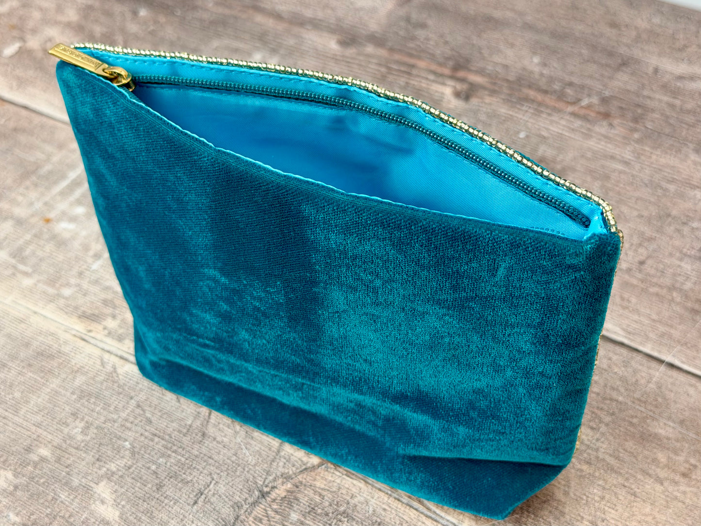 Teal Velvet Beaded Black Cat Design Pouch