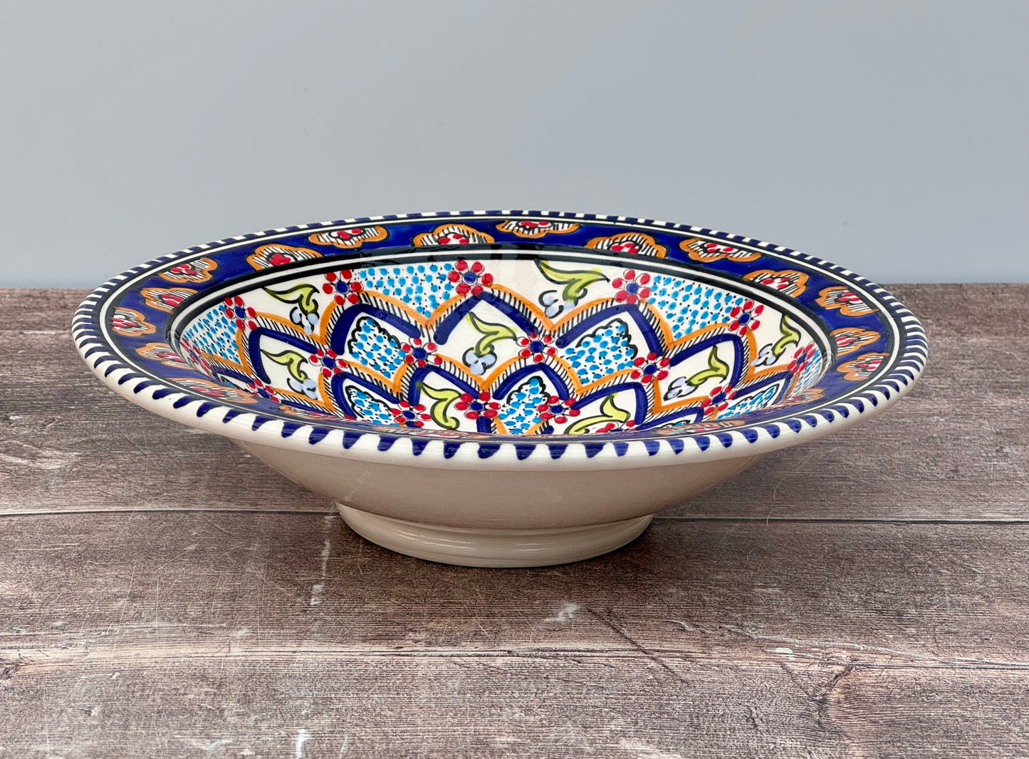 Dark Blue Patterned Bowl with Flat Rim, 24cm