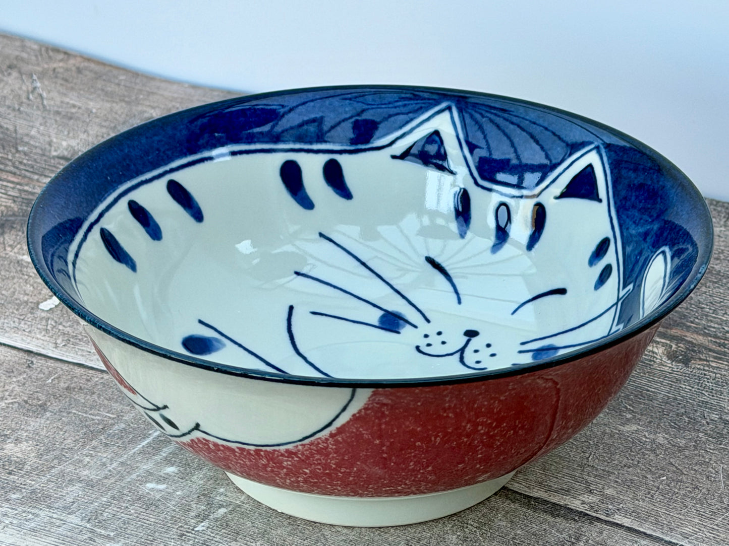 Red, Blue and White Cat Patterned Japanese Bowl, 20cm