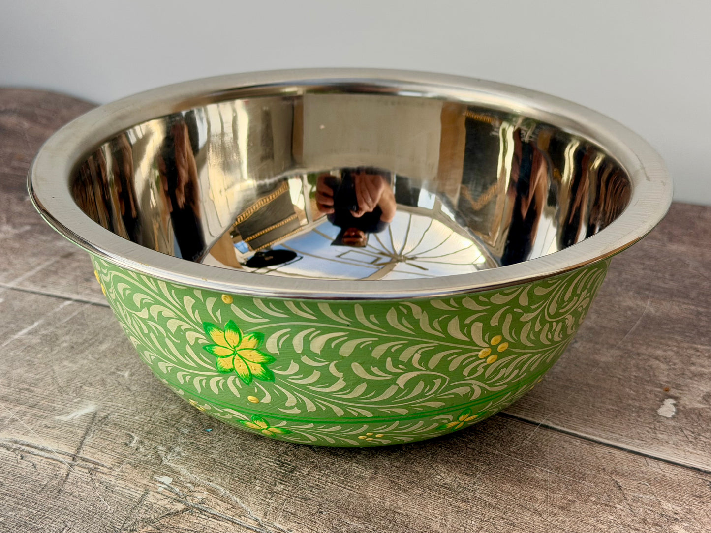 Hand Painted Stainless Steel Serving Bowl / Dish - Green and Yellow Flower