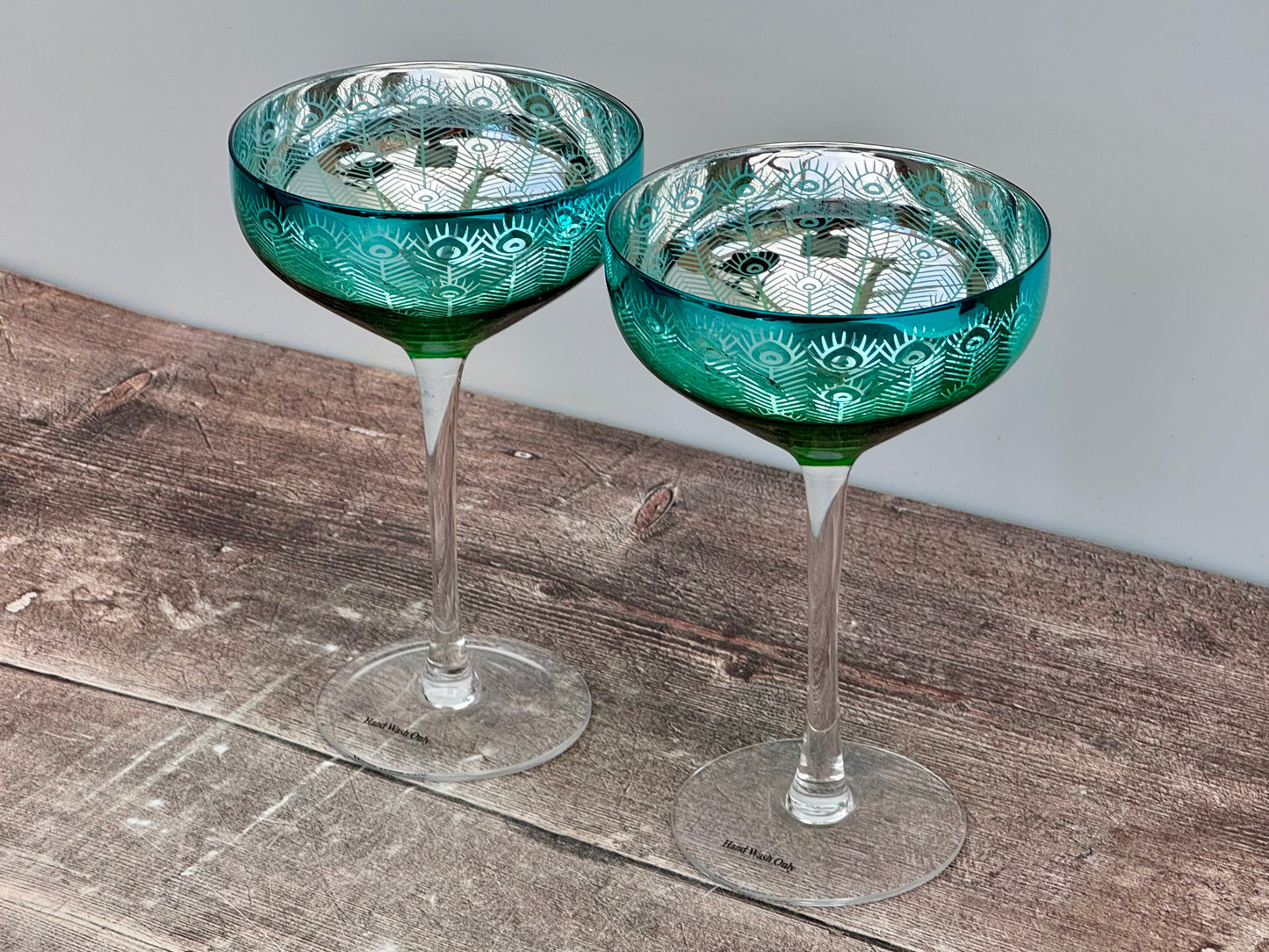 2 Peacock Champagne/Cocktail Saucer Glasses