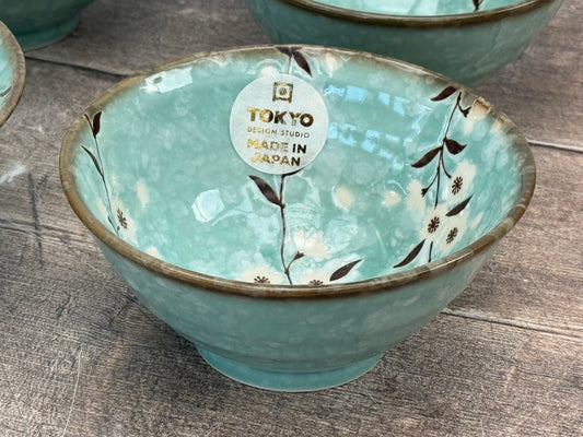Tokyo Design Studio Set of 4 Turquoise Flower Patterned Bowls, 12.5cm