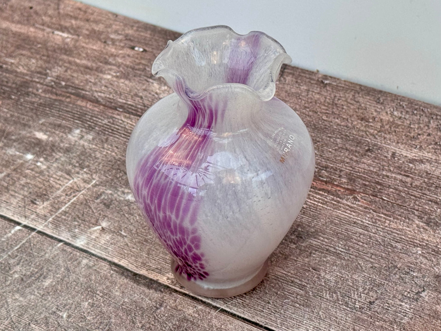 Purple and White Speckled Glass Murano Style Vase, 13cm