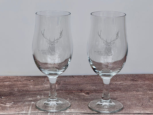 Set of 2 Stag Design Etched Craft Beer Glasses