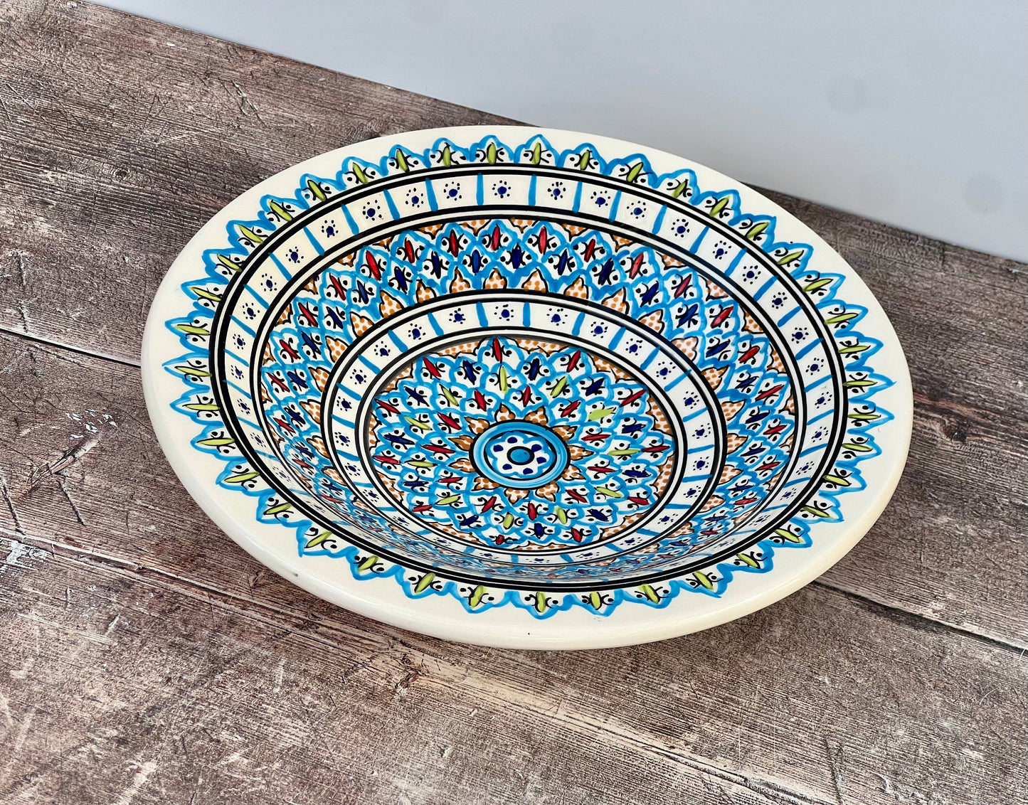 Light Blue Patterned Bowl with Flat Rim, 28cm