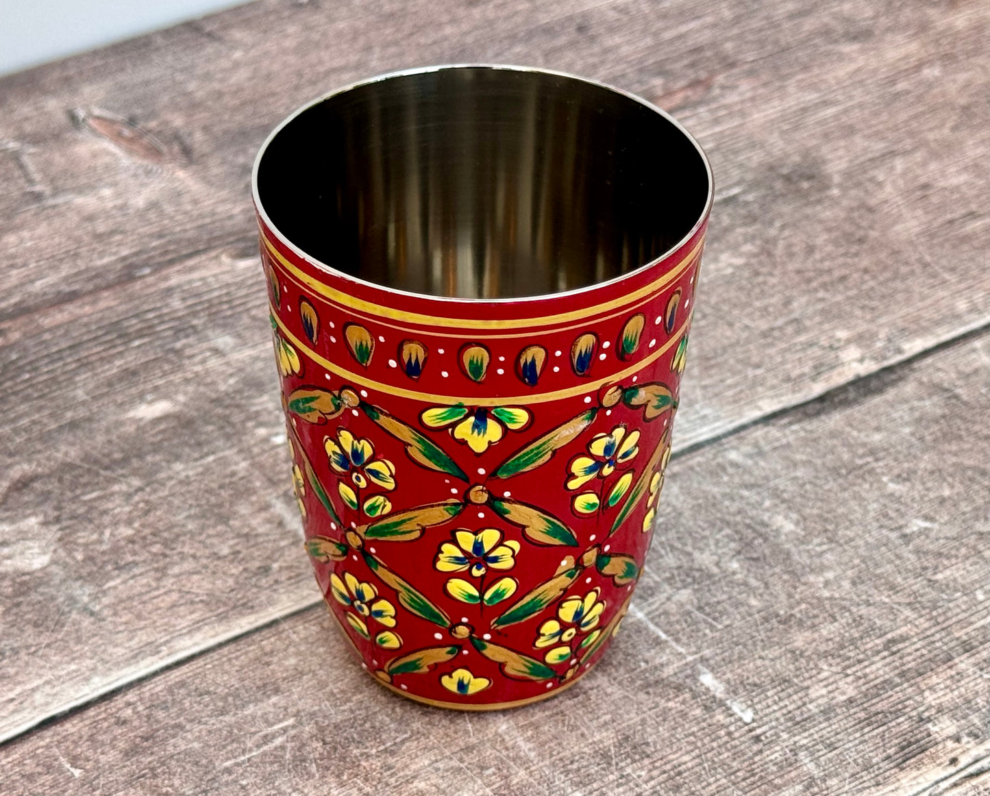 Hand Painted Stainless Steel Drinking Tumbler - Red and Yellow (Design 2)