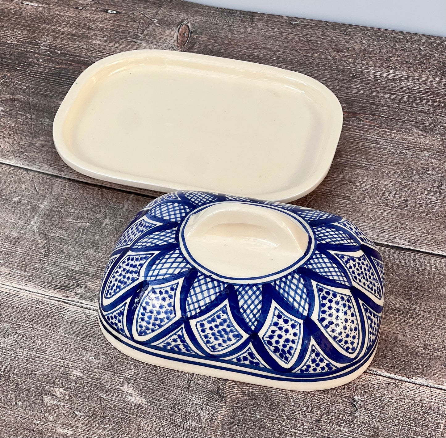 Blue and White Patterned Butter Dish