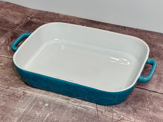 Teal Leaf Patterned Rectangular Baking Dish with Handles, 26.5cm