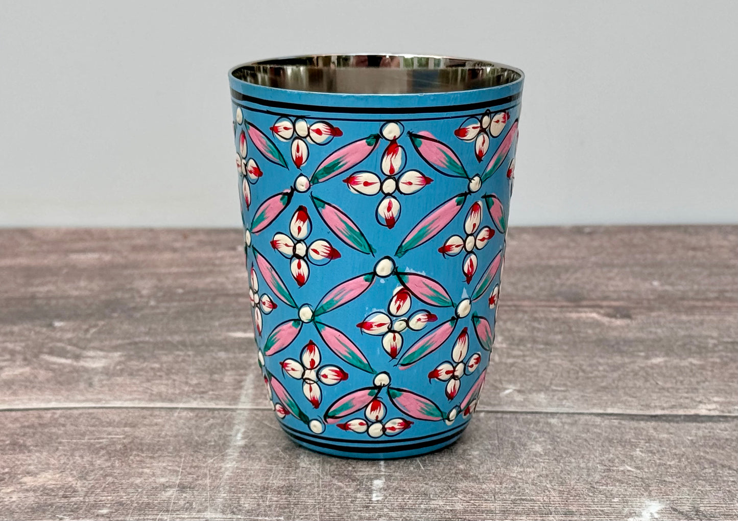 Hand Painted Stainless Steel Drinking Tumbler - Blue and Pink (Design 1)