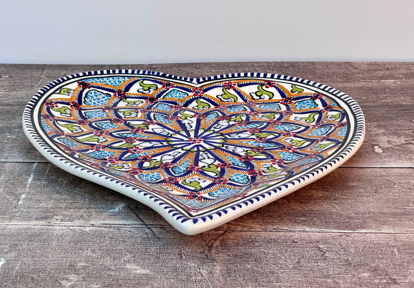 Dark Blue Patterned Heart Shaped Plate, 28cm