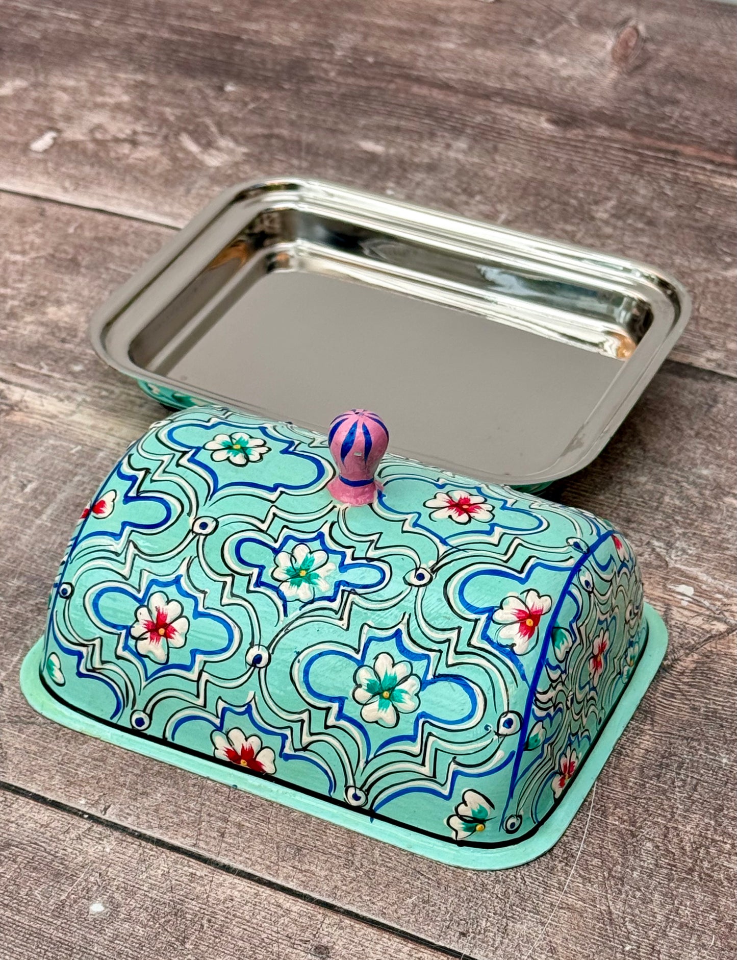 Handpainted Turquoise Butter Dish