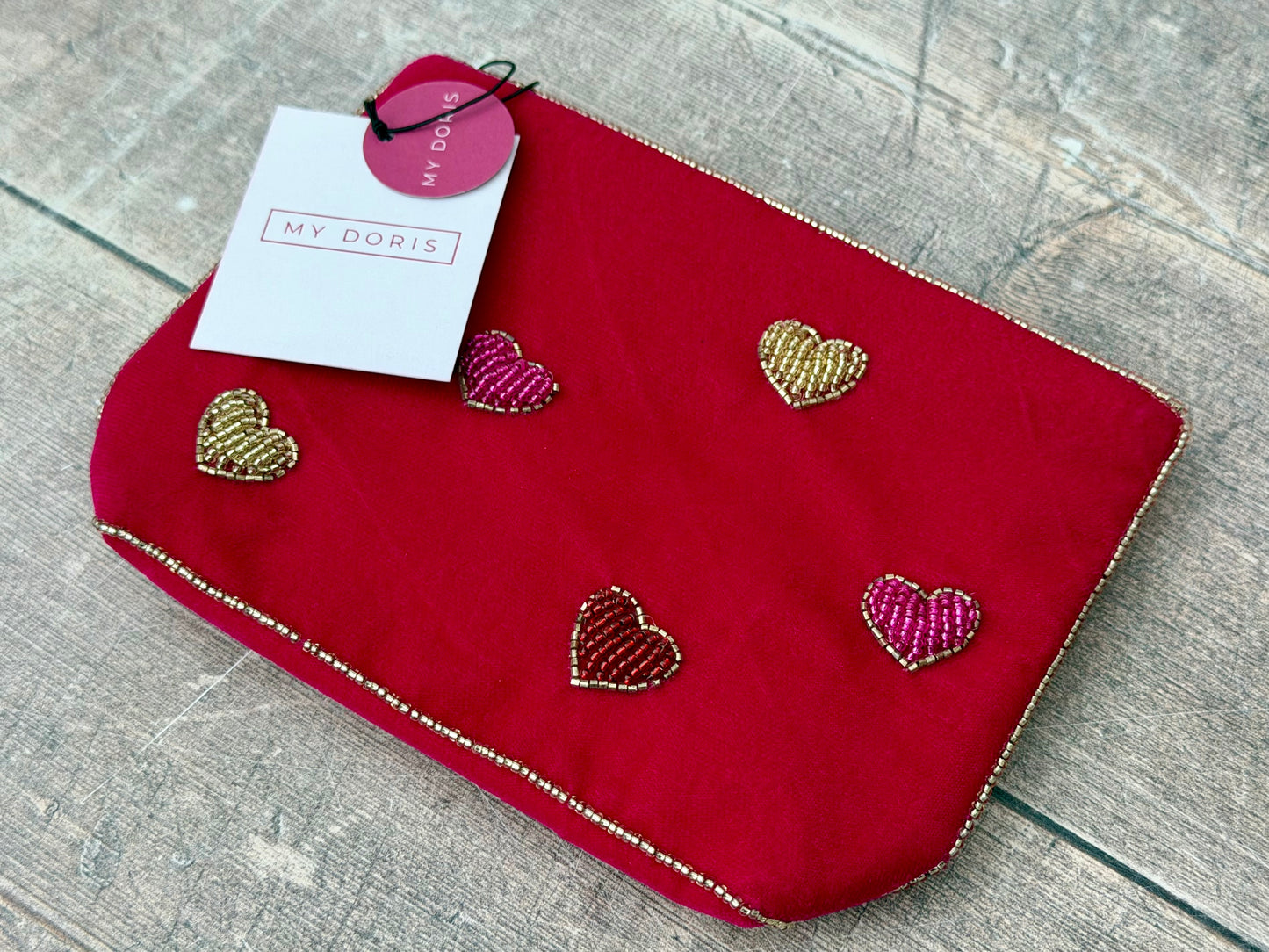 Pink Velvet Beaded Heart Design Pouch