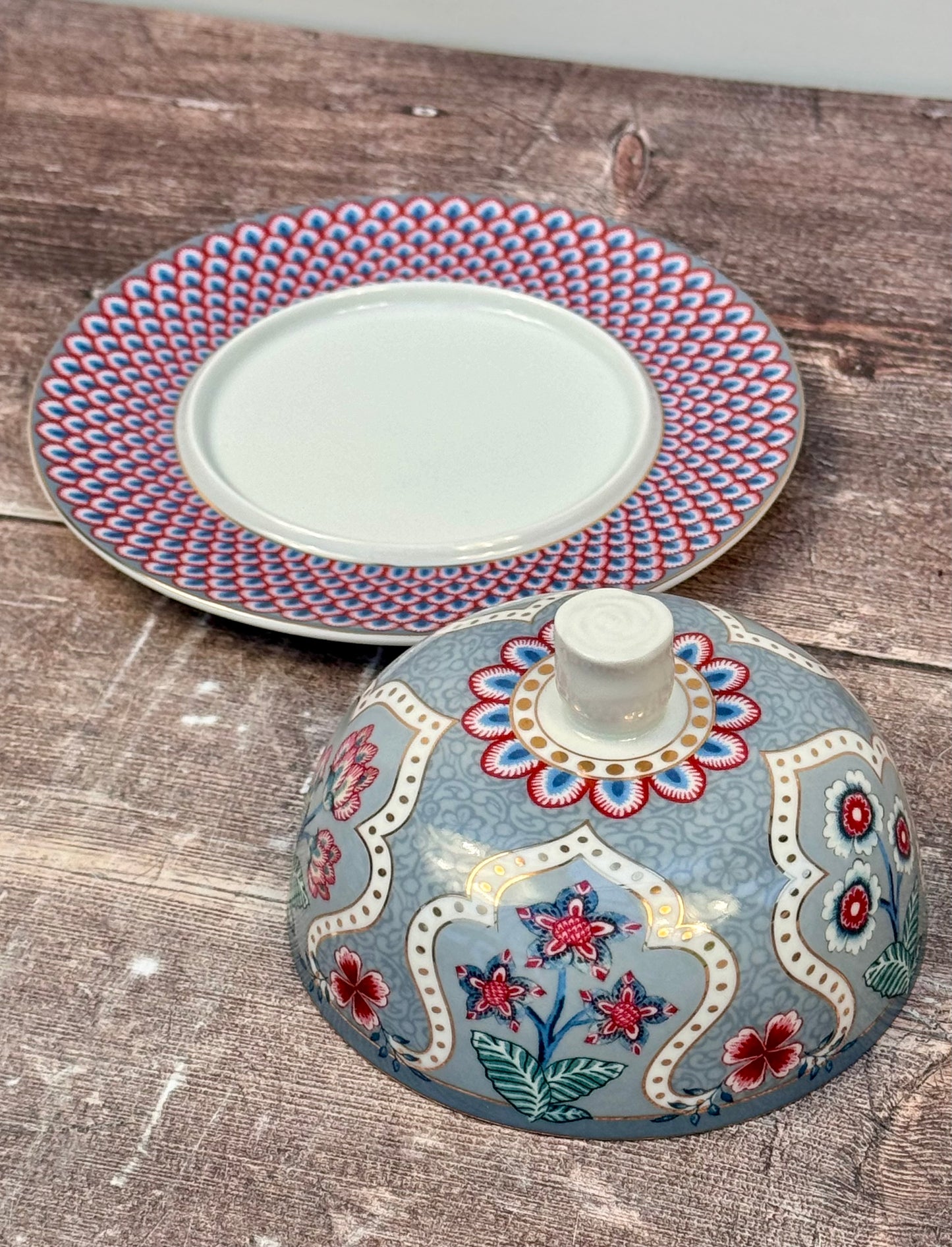 Blue Patterned Round Butter Dish, 17cm