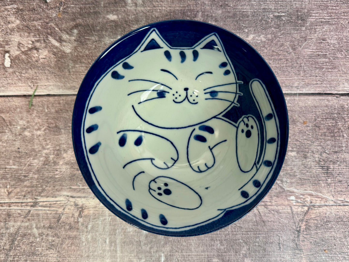 Blue and White Cat Patterned Japanese Bowl, 15cm