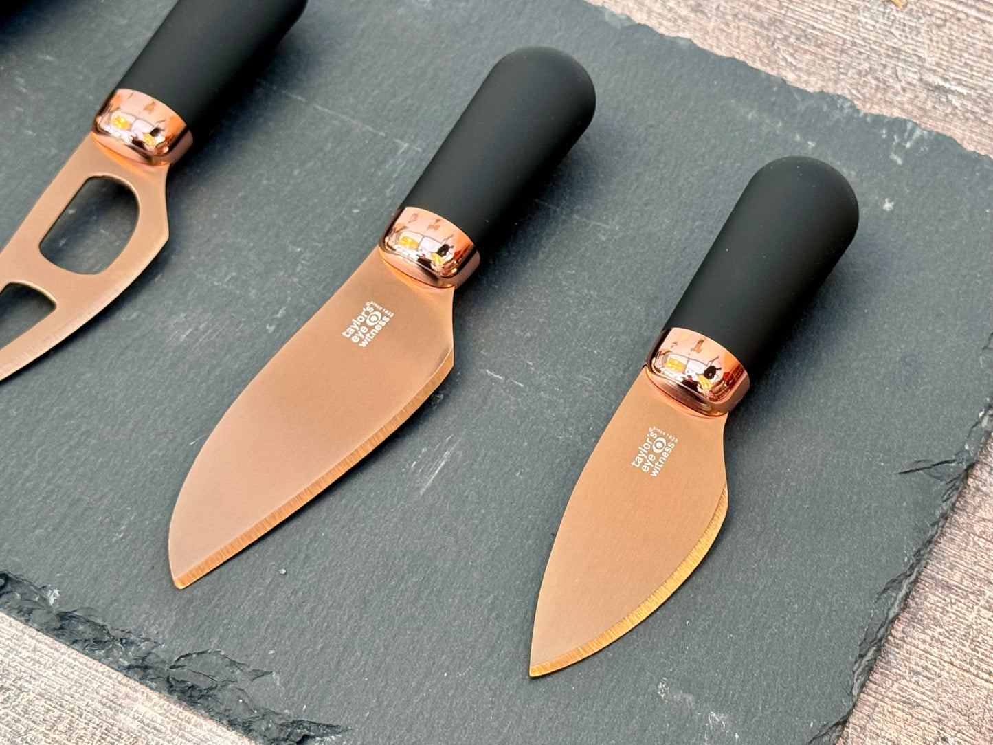 Taylor’s Eye Witness Slate Cheese Board and Rose Gold Knife Set