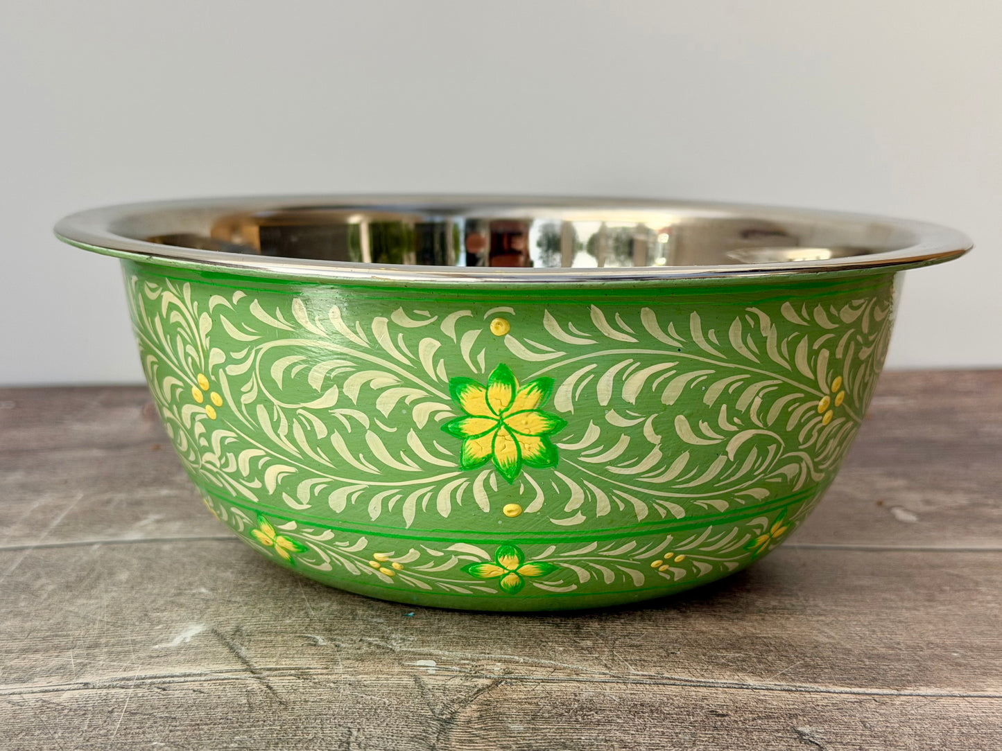 Hand Painted Stainless Steel Serving Bowl / Dish - Green and Yellow Flower