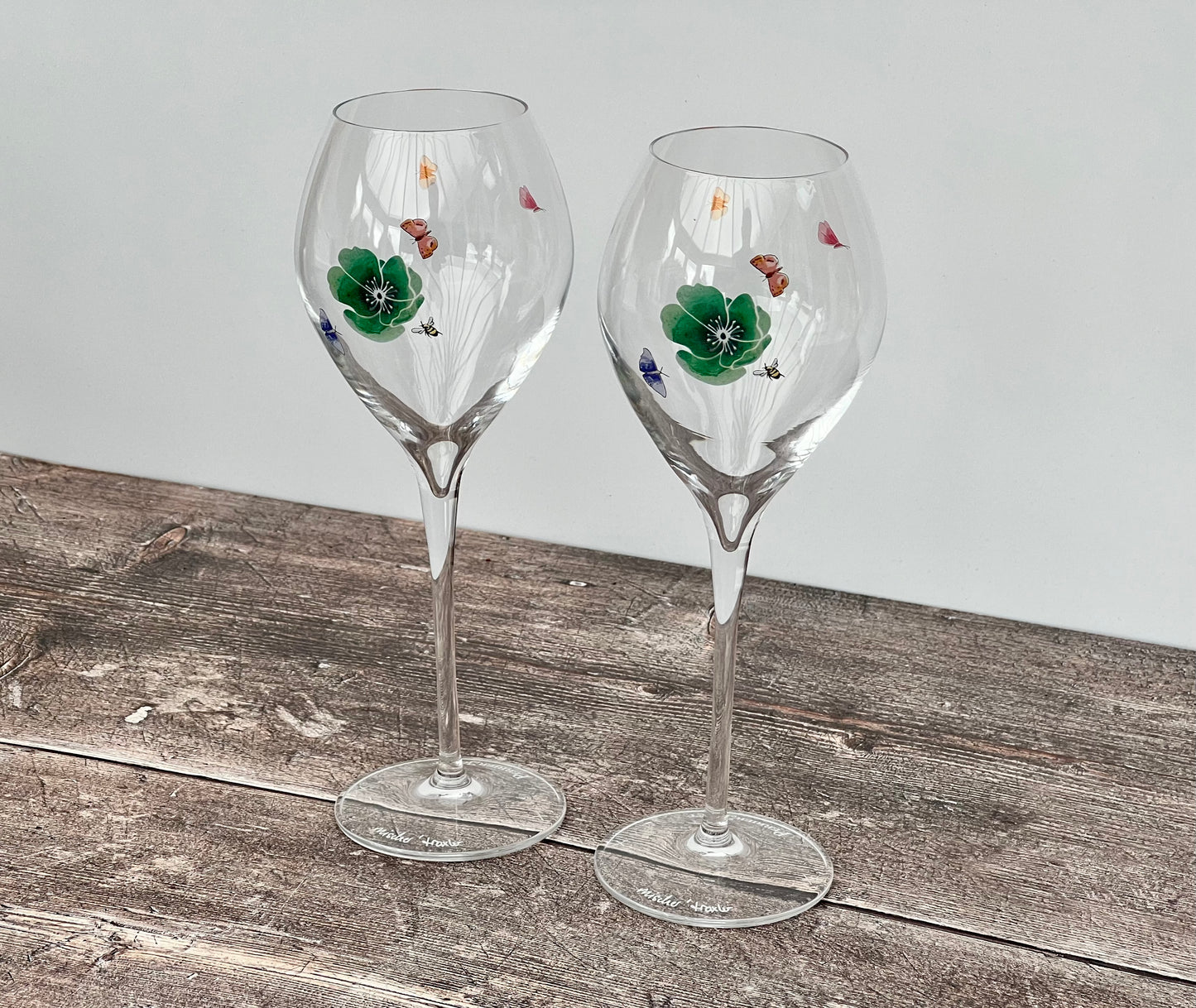 Pair of Perrier-Jouet Mischer Traxler Green Flower Champagne Glasses