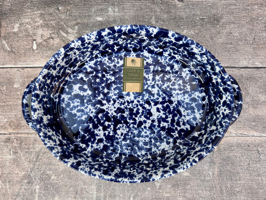 Blue and White Speckled Oval Baking Dish