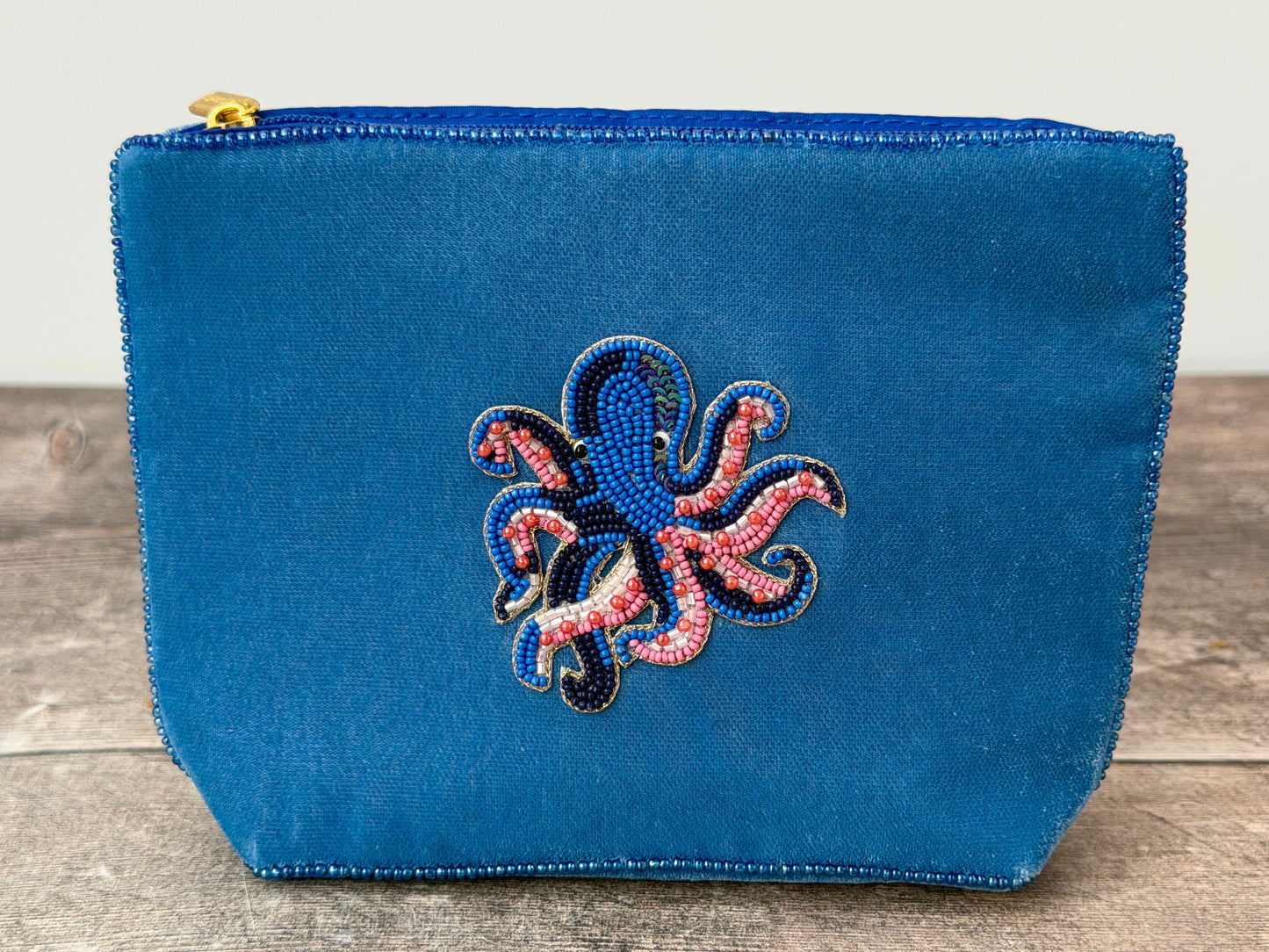 Blue Velvet Beaded Octopus Design Pouch
