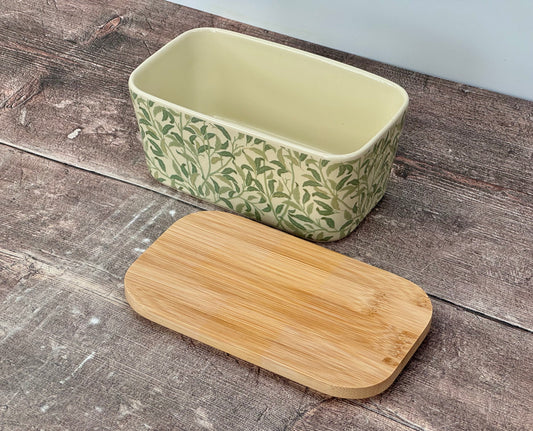 Scandi Home Green Leaves Patterned Butter Dish with Wooden Lid