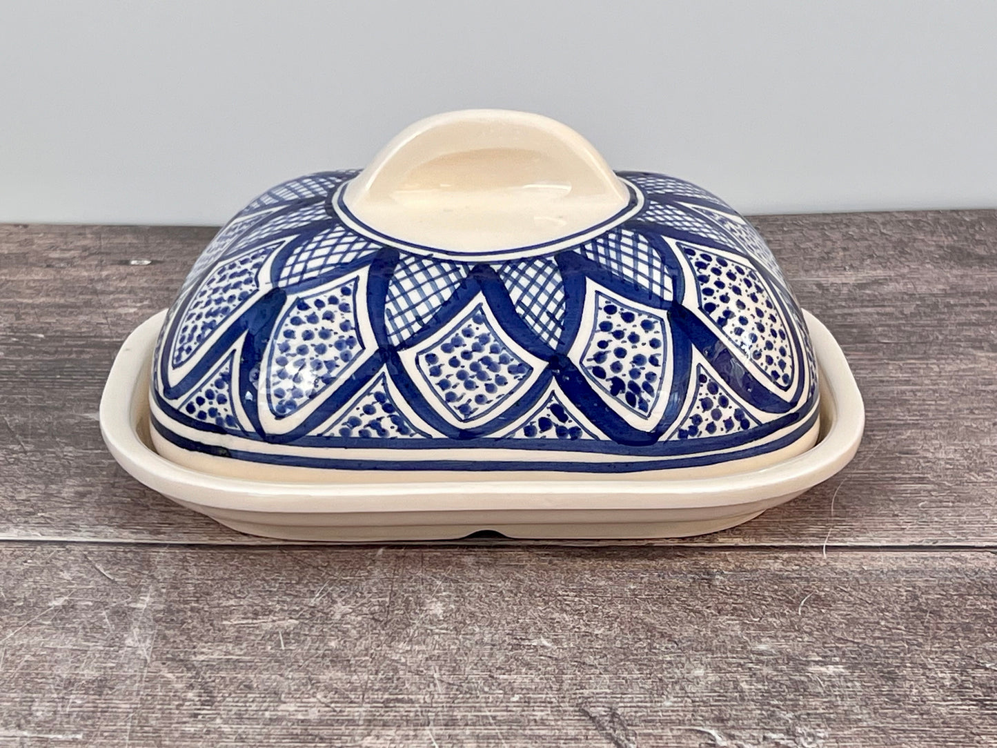 Blue and White Patterned Butter Dish