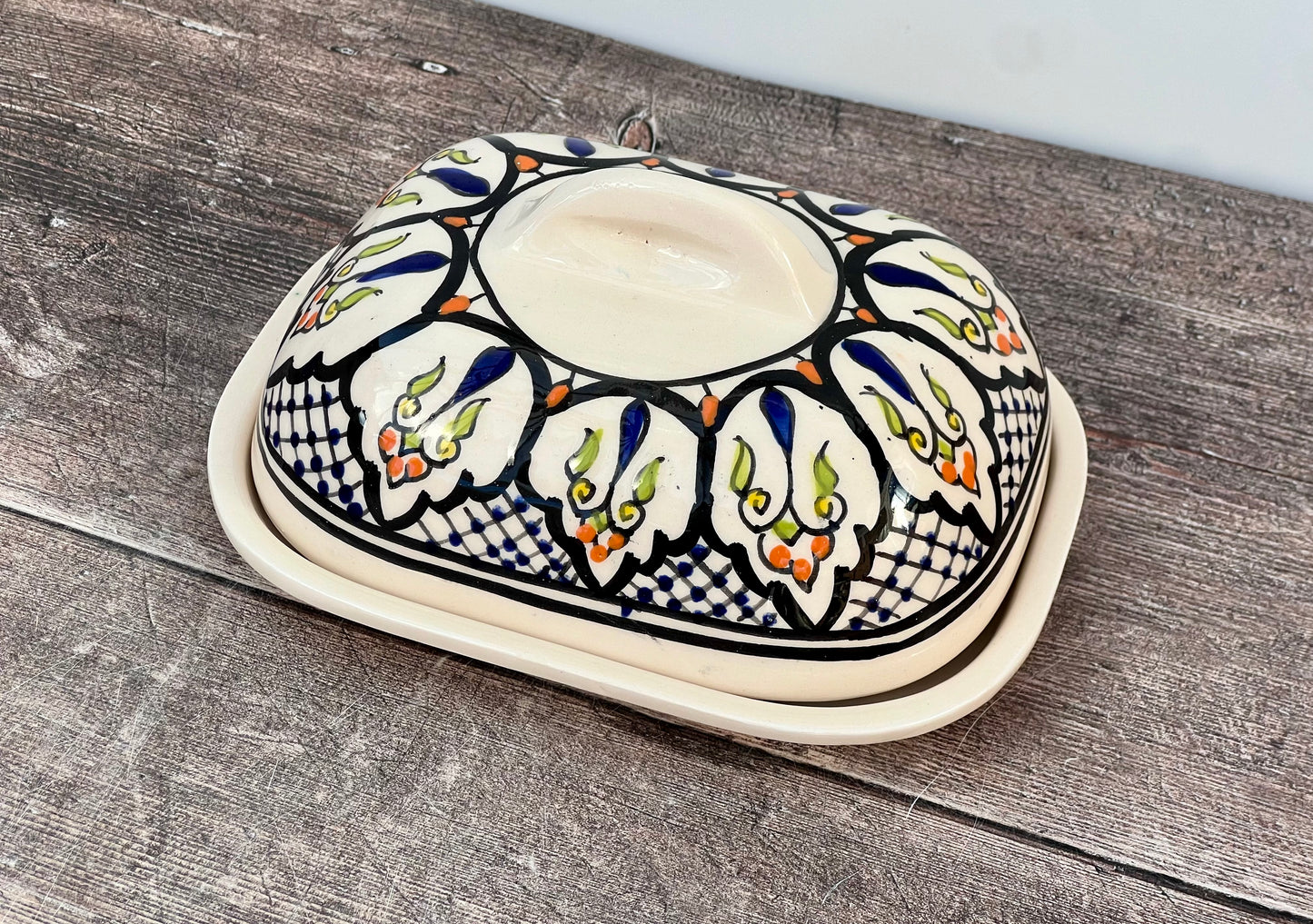 Black, Green and White Patterned Butter Dish