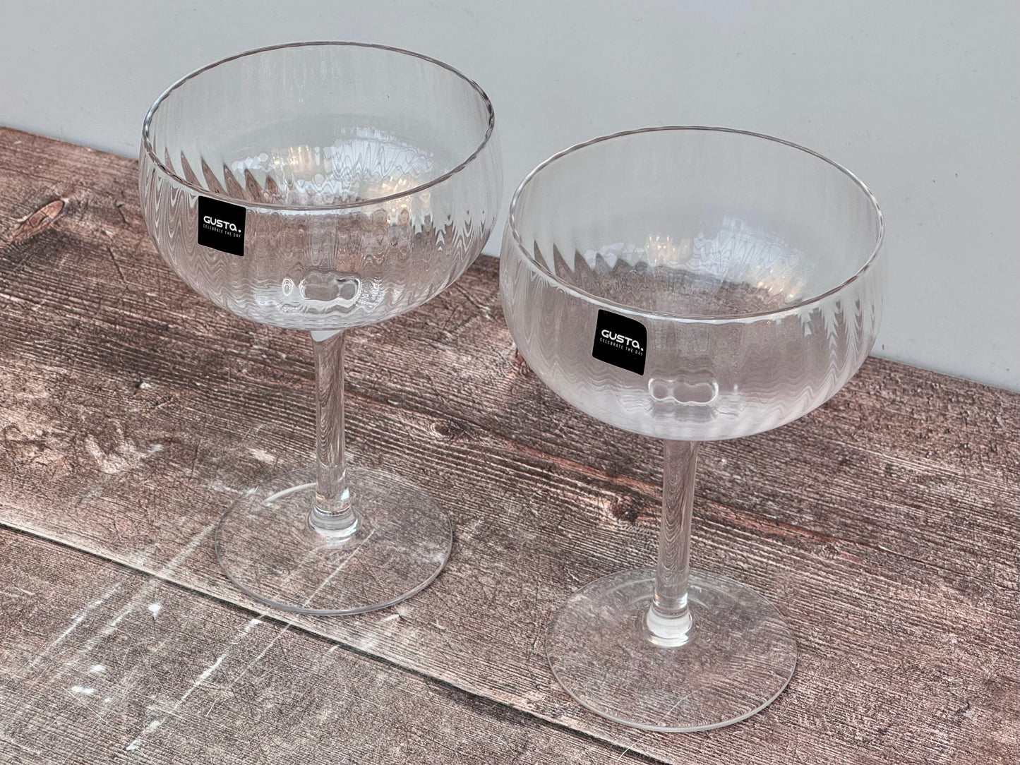 Set of 2 Ribbed/Linear Empire Champagne/Cocktail Saucer/Glasses