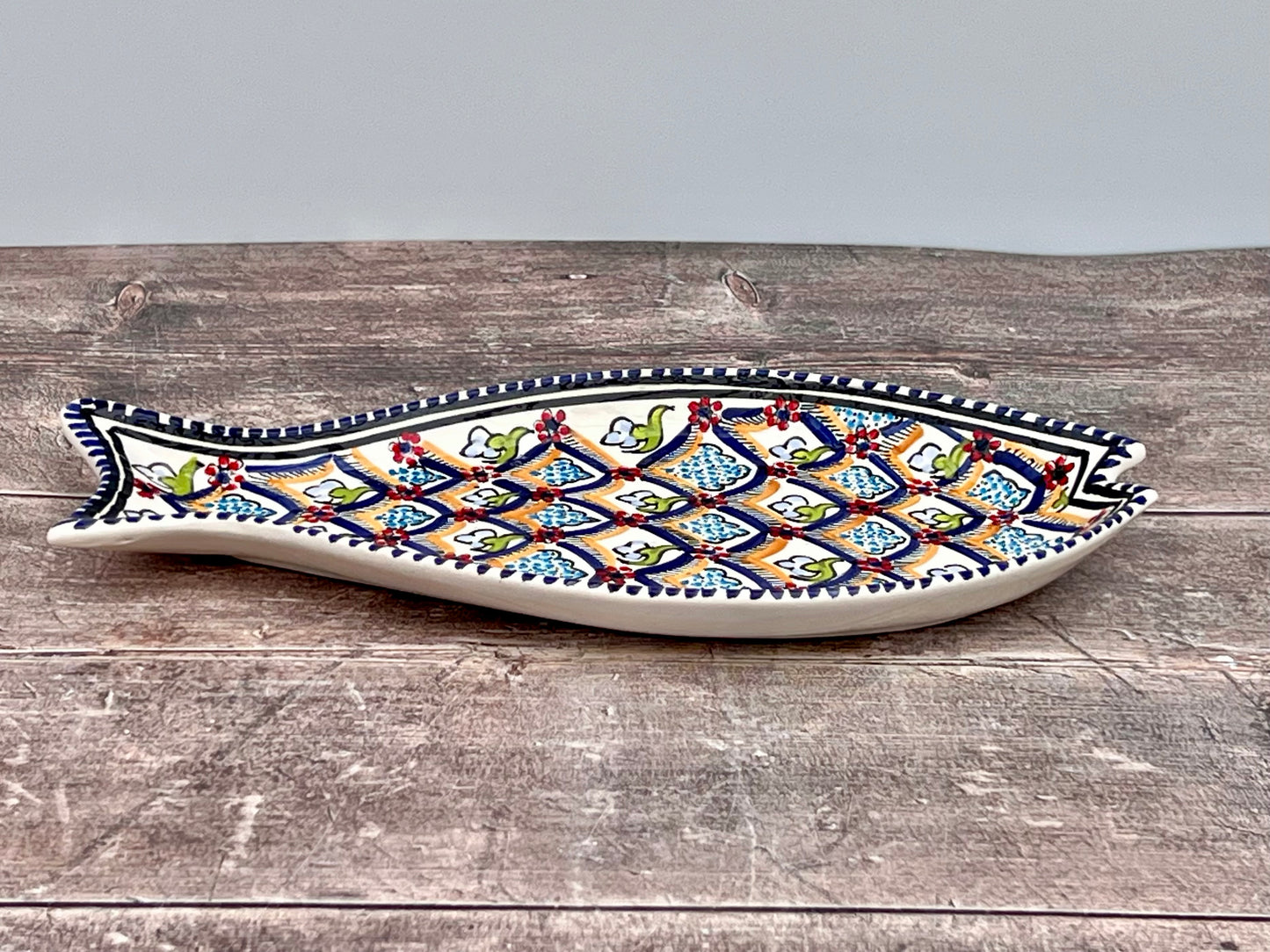 Dark Blue Patterned Fish Plate, 30cm