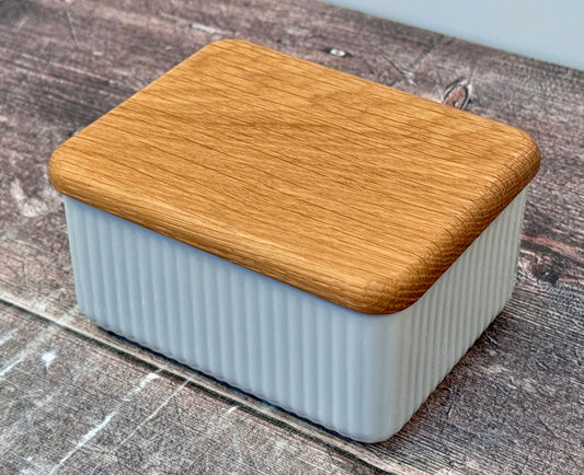 White Butter Dish with Oak Lid