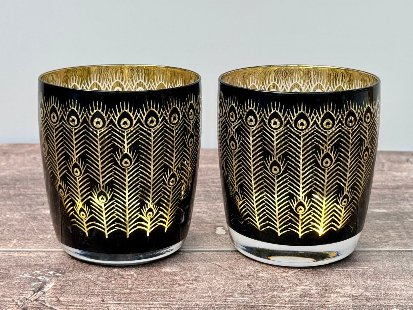 Set of 2 Black and Gold Peacock Tumbler Glasses