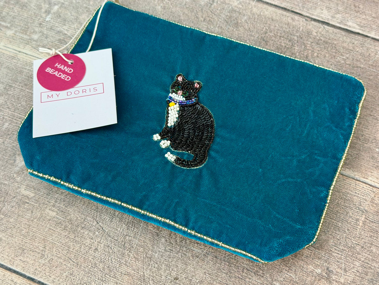 Teal Velvet Beaded Black Cat Design Pouch
