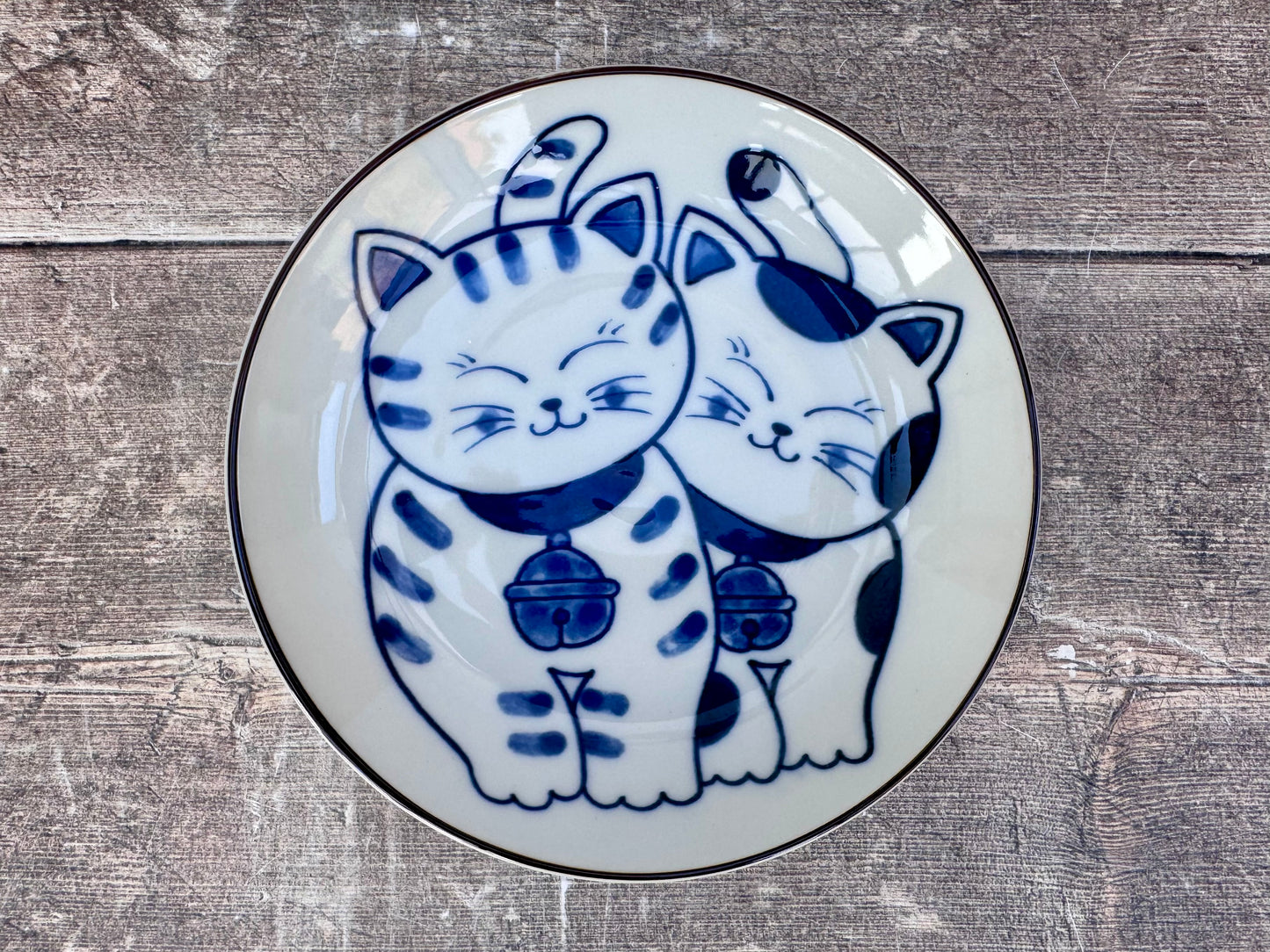 Blue and White Cat Patterned Japanese Plate, 16.5cm