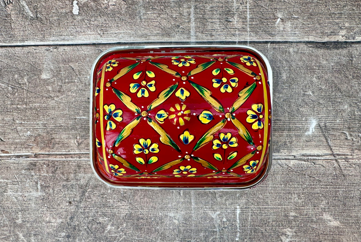 Handpainted Red Patterned Butter Dish