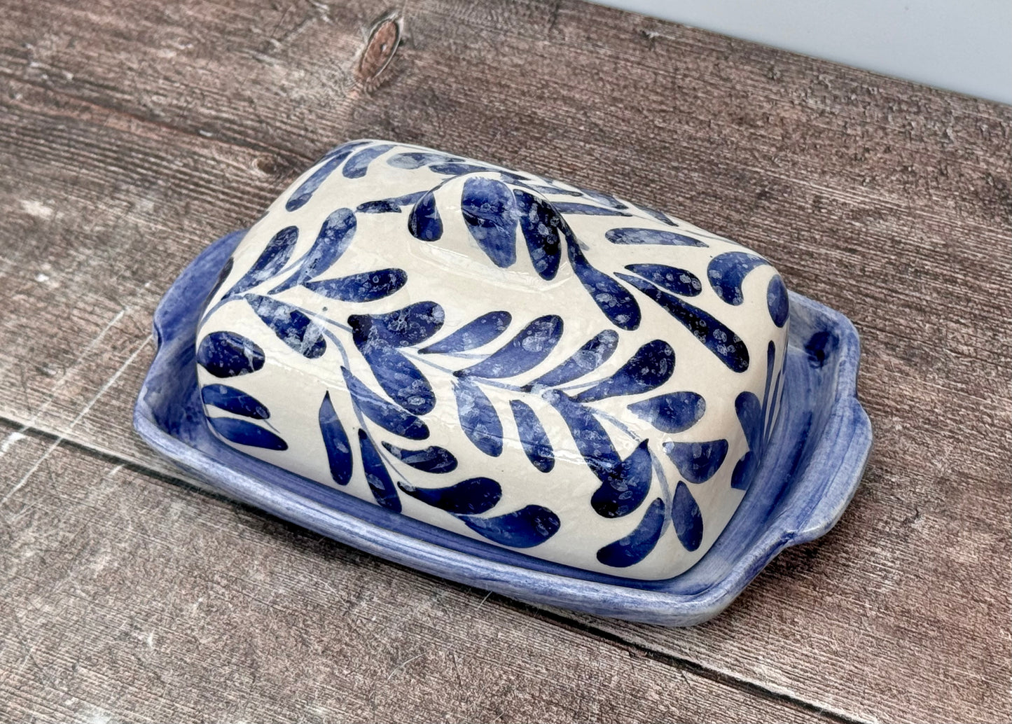 Blue Leaf Patterned Butter Dish