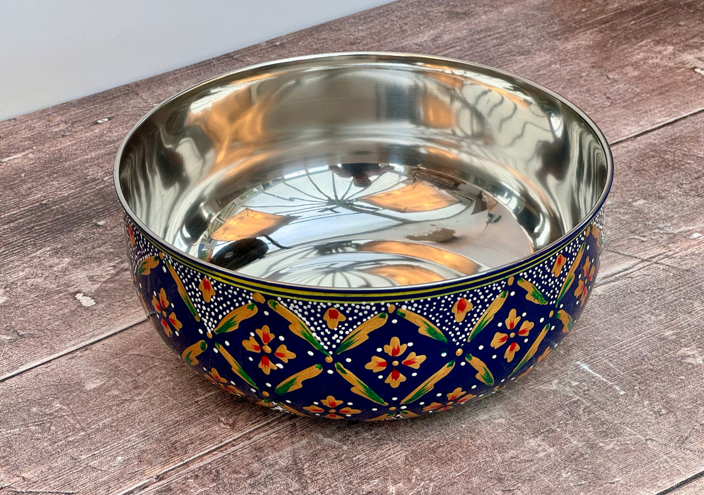 Hand Painted Stainless Steel Serving Bowl / Dish - Navy and Gold (Design 4)